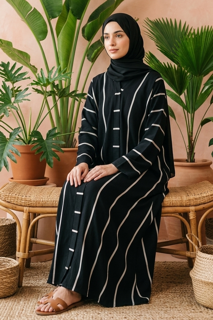 Modern Striped Black Abaya with Elegant Hijab Look