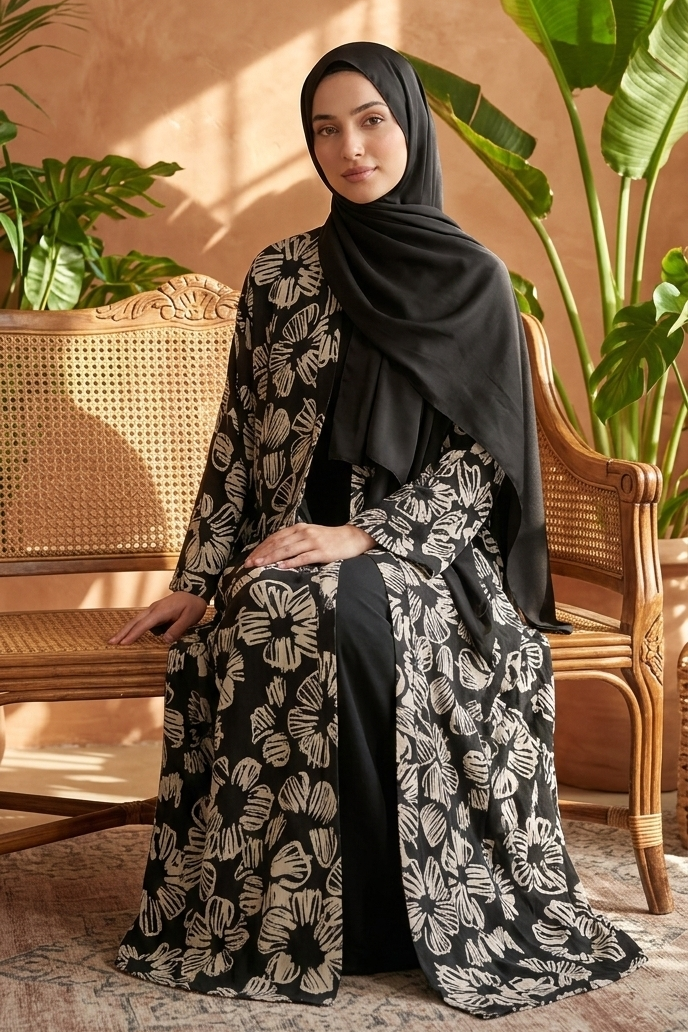 Elegant Floral Black Abaya with Classic Hijab