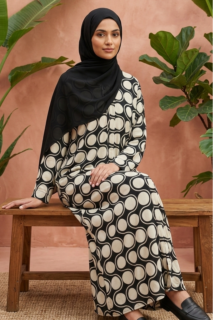 Elegant Black & Beige Polka Dot Modest Abaya – Premium Printed Maxi Dress