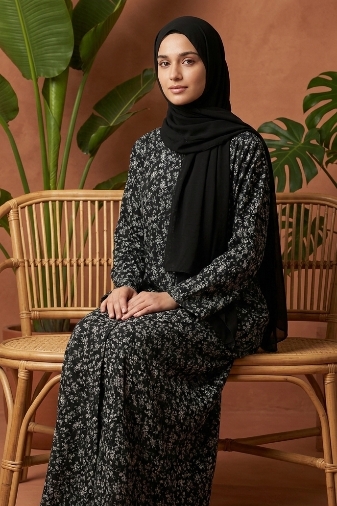 Elegant Patterned Abaya with Black Hijab