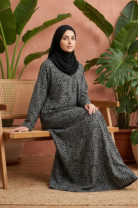 Elegant Black Printed Modest Maxi Dress with Hijab – Comfortable Islamic Fashion for Women