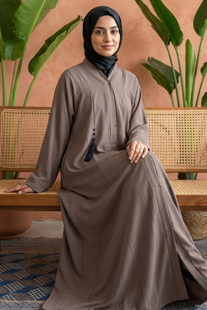 Elegant Brown Modest Abaya Dress with Black Hijab – Comfortable Islamic Maxi Dress for Women