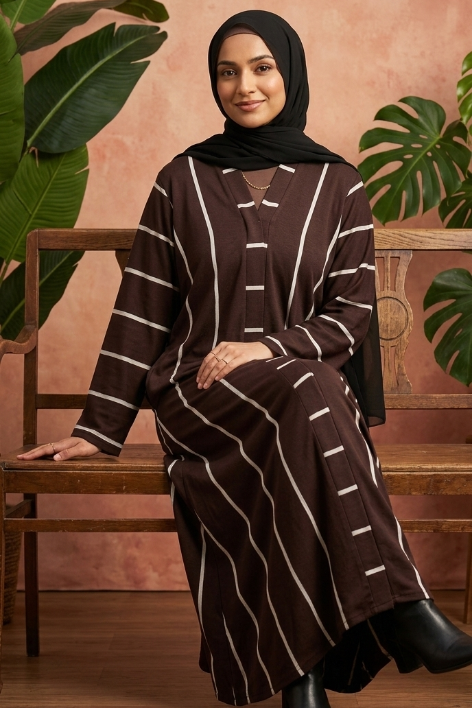 Elegant Brown Striped Abaya with Classic Hijab Style